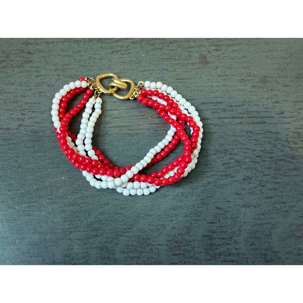 Multi Strand Red White Beaded Bracelet Gold Tone Interlocking Clasp 7.5 Inch